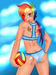  alternate_species back_facing_viewer back_tattoo ball butt clothing cutie_mark fangs female friendship_is_magic hand_on_hip human humanized looking_at_viewer mammal my_little_pony not_furry open_mouth rainbow_colored_hair rainbow_dash_(mlp) red_eyes ryujisama smile sport swimsuit tattoo volleyball 