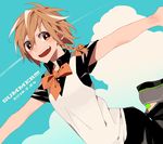  blonde_hair blue_sky braid cloud dated fang flat_color hair_ribbon happy hosomitimiti kirisame_marisa looking_at_viewer neck_ribbon open_mouth outstretched_arms ribbon short_hair sky smile solo touhou yellow_eyes 