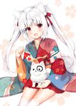  :d animal animal_ears bangs blush cat_ears commentary_request dog eyebrows_visible_through_hair fang floral_print hair_ornament head_tilt japanese_clothes kanora kimono long_sleeves looking_at_viewer multicolored multicolored_clothes multicolored_kimono open_mouth original pleated_skirt print_kimono red_eyes red_kimono short_kimono sidelocks silver_hair sitting skirt smile solo thick_eyebrows thighhighs twintails white_background white_legwear wide_sleeves 