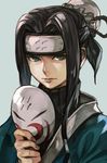  androgynous black_hair closed_mouth forehead_protector grey_eyes hair_tubes haku_(naruto) hankuri long_hair looking_at_viewer male_focus mask mask_removed multicolored multicolored_clothes naruto naruto_(series) simple_background solo upper_body 