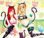  blonde_hair blush breasts cat cat_ears cat_lingerie cat_tail claudia_dragneel cleavage erza_scarlet fairy_tail garters kisi86 large_breasts long_hair lucy_heartfilia red_hair smile 