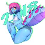  2018 absurdres ass bare_shoulders blue_skin collar collarbone commentary cteno denim denim_shorts flat_chest from_behind glasses gradient_hair hair_between_eyes head_arms highres looking_at_viewer looking_back monster_girl multicolored_hair open_mouth original pink_eyes pink_hair purple_hair shiny shiny_hair shiny_skin short_hair shorts slugbox solo spiked_tail standing tail tank_top yellow_sclera 