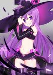  aisha_(elsword) black_hat blush cowboy_shot detached_sleeves elsword eyebrows_visible_through_hair floating_hair grey_background grin groin hair_between_eyes hat head_tilt highres long_hair mamel_27 navel oz_sorcerer_(elsword) partially_unzipped purple_eyes purple_hair purple_legwear simple_background smile solo standing stomach thighhighs very_long_hair witch_hat 