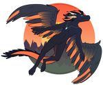  2018 abstract_background alpha_channel anthro black_fur black_hair blue_eyes browniecomicwriter dragon feathered_wings feathers flying forest fur furred_dragon gem hair inner_ear_fluff jewelry male necklace nude orange_fur orange_theme outside signature sky smile solo sun tree watermark wings 