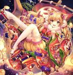  animal_ears blonde_hair boat breasts brown_eyes catbell highres japanese_clothes kimono long_hair looking_at_viewer medium_breasts open_mouth original paw_pose smile solo thighhighs watercraft white_legwear 