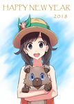  :d animal blue_background blue_eyes braid brown_hair flower gen_7_pokemon happy_new_year hat hat_flower holding holding_animal holding_pokemon mizuki_(pokemon) na_o new_year open_mouth pokemon pokemon_(creature) pokemon_(game) pokemon_sm pokemon_usum rockruff simple_background smile sun_hat upper_body 