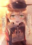 anchor_hair_ornament blonde_hair green_eyes hair_ornament hat iron_cross kantai_collection looking_at_viewer low_twintails military military_hat military_uniform ootori_(kyoya-ohtori) open_mouth peaked_cap prinz_eugen_(kantai_collection) solo sunset translation_request twintails twitter_username uniform upper_body 
