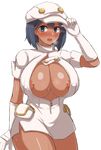  1girl :d aether_foundation_employee black_hair blush breasts center_opening cleavage dark_skin erect_nipples gloves hat hat_tip large_breasts looking_at_viewer nipple_slip nipples no_bra npc open_mouth pokemon pokemon_(game) pokemon_sm short_hair shorts smile sweat white_gloves white_shorts yamaori_(yamaori3) 