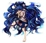  absurdly_long_hair baba_(baba_seimaijo) bangle barefoot blue_bow blue_eyes blue_hair blue_skirt bow bowl bracelet commentary_request damaged debt full_body hair_between_eyes hair_bow highres jewelry long_hair messy_hair miniskirt skirt solo touhou transparent_background very_long_hair yorigami_shion 