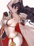  animal_ears arched_back arm_up armpits ass black_gloves black_hair breasts brown_eyes cape commentary detached_sleeves erune from_side gloves granblue_fantasy hair_between_eyes hews_hack highres ilsa_(granblue_fantasy) large_breasts long_hair looking_at_viewer looking_to_the_side sideboob simple_background smile solo sweat white_background 