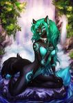  anthro breasts canine claws collar ear_piercing featureless_breasts female freya_(zionsangel) green_hair hair jaizub kneeling long_hair looking_at_viewer mammal nude outside piercing plant purple_eyes solo stone toe_claws water waterfall 