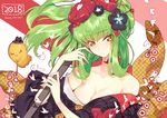  2018 :3 :o alternate_costume alternate_hairstyle bangs bare_shoulders black_flower black_hat black_kimono blush breasts c.c. checkered cheese-kun cleavage code_geass collarbone cosplay creayus eyebrows_visible_through_hair fate/grand_order fate_(series) floating_hair flower green_hair hair_flower hair_ornament hair_rings hair_stick happy_new_year hat holding holding_staff japanese_clothes katsushika_hokusai_(fate/grand_order) katsushika_hokusai_(fate/grand_order)_(cosplay) kimono long_hair long_sleeves medium_breasts new_year obi off_shoulder open_clothes open_kimono paintbrush parted_lips ponytail red_flower sash seiyuu_connection shiny shiny_hair solo staff tsurime upper_body yellow_eyes yukana 