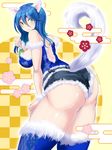  1girl 2018 animal_ears artist_request ass back back_opening bare_shoulders blue_hair blush breasts denim denim_shorts dog_ears dog_tail green_eyes huge_ass large_breasts leaning leaning_forward long_hair looking_at_viewer original shiny shiny_hair shiny_skin short_shorts shorts sideboob smile solo tail thighhighs 