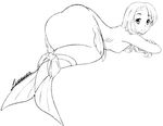  2018 big_tail black_and_white breasts butt digital_drawing_(artwork) digital_media_(artwork) female fin fish hair likunea line_art looking_at_viewer marine medium_breasts merfolk monochrome nipples not_furry simple_background smile solo tail_fin white_background 
