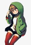  alternate_costume androgynous bangs black_shorts brown_hair chara_(undertale) eyebrows_visible_through_hair feet_out_of_frame grey_background grin hand_in_pocket hood hood_up hoodie invisible_chair long_sleeves looking_at_viewer one_eye_closed open_clothes open_hoodie open_mouth oshiruko_(tsume) red_eyes red_legwear shirt short_hair shorts simple_background sitting smile tareme teeth thighhighs undertale unzipped white_shirt 