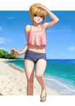 1boy ? artist_name bare_shoulders beach blonde_hair boku_no_pico camisole carlo_montie crop_top crop_top_overhang day eyebrows_visible_through_hair eyelashes flip-flops green_eyes horizon lips looking_at_viewer male-female_symbol male_focus midriff navel ocean outdoors outside_border pico sand sandals shading_eyes short_hair short_shorts shorts sky slippers smile solo spaghetti_strap sunlight trap walking water 