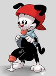  animaniacs anthro balls big_balls big_penis black_fur bottomless clothed clothing clothing_lift cum fur gloves hat humanoid_penis male mammal milkybears penis shirt shirt_lift simple_background smile solo tongue tongue_out wakko_warner warner_brothers 