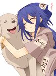  :3 bare_arms blue_bow blue_hair blush bow bracelet closed_eyes closed_mouth commentary_request dog dutch_angle eyebrows_visible_through_hair hair_between_eyes hair_bow hemogurobin_a1c hood hood_down hoodie hug jewelry long_hair short_sleeves simple_background smile tongue tongue_out touhou upper_body white_background yorigami_shion 
