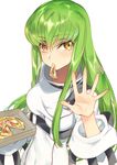  bangs blush breasts c.c. code_geass covered_navel creayus eyebrows_visible_through_hair fingernails green_hair long_fingernails long_hair long_sleeves looking_at_viewer medium_breasts motion_lines mouth_hold palms pizza_box robe shiny shiny_hair sidelocks simple_background solo spread_fingers tsurime underbust upper_body very_long_hair waving white_background yellow_eyes 
