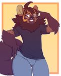  anthro brown_eyes brown_fur brown_mane brown_spots bulge clothed clothing eyewear facial_piercing fur glasses hair hand_on_hip highlights hyena jeans jessie looking_at_viewer male mammal mane nose_piercing open_mouth orange_highlights pants piercing shirt simple_background smile solo spots spotted_fur suelix thick_thighs wide_hips 