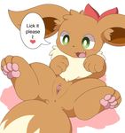 blush bow chibi cute eevee fangs female feral km-15 lying nintendo open_mouth pok&eacute;mon pok&eacute;mon_(species) presenting pussy simple_background solo spread_legs spreading text tongue video_games 