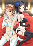  ass bangs bare_shoulders black_hair black_legwear blush breasts bridal_veil brown_eyes brown_hair dress earrings elbow_gloves flower gloves hair_flower hair_ornament hayami_kanade houjou_karen idolmaster idolmaster_cinderella_girls jewelry lingerie long_hair looking_at_viewer medium_breasts multiple_girls necklace on_bed parted_bangs short_hair smile takemasa thighhighs underwear underwear_only veil wedding_dress white_gloves white_legwear yellow_eyes 