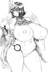  1girl areolae black_hair blush bonten breasts curvy highres huge_breasts lactation looking_at_viewer menace monochrome navel nipples parted_lips plump puffy_nipples queen&#039;s_blade short_hair solo standing thick_thighs thighs 