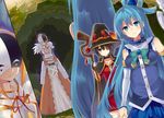  aqua_(konosuba) armor bandaged_leg bandages belt black_gloves black_hair black_legwear blonde_hair blue_eyes blue_footwear blue_hair blue_shirt bow breasts cape collar darkness_(konosuba) detached_sleeves dress eyepatch fingerless_gloves gloves green_bow hair_ornament hair_rings hat highres holding holding_staff kono_subarashii_sekai_ni_shukufuku_wo! large_breasts lossy-lossless megumin mishima_kurone multiple_girls novel_illustration official_art ponytail possessed red_dress red_eyes shirt skirt staff vanir witch_hat x_hair_ornament 