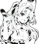  animal_ears bow bowtie breasts cosplay elbow_gloves gloves greyscale idolmaster idolmaster_cinderella_girls jougasaki_rika kemono_friends kurisu_sai long_hair medium_breasts monochrome open_mouth paw_pose serval_(kemono_friends) serval_(kemono_friends)_(cosplay) serval_ears serval_print serval_tail simple_background smile solo striped_tail tail white_background 