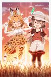  animal_ears black_gloves black_legwear blonde_hair closed_eyes cloud commentary eyebrows_visible_through_hair fang gloves grass grey_hair hair_between_eyes hat highres kaban_(kemono_friends) kemono_friends multicolored multicolored_background multicolored_clothes multiple_girls open_mouth polka_dot polka_dot_legwear serval_(kemono_friends) tanaka_kusao white_footwear 