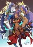  animal_ears aqua_eyes asao_(vc) breasts bridal_gauntlets circlet dark_skin earrings egyptian egyptian_clothes facepaint facial_mark fate/grand_order fate_(series) forehead_jewel gem green_eyes hairband hat head_chain high_heels hoop_earrings jackal_ears jewelry large_breasts long_hair looking_at_viewer low-tied_long_hair multiple_girls navel nitocris_(fate/grand_order) purple_eyes purple_hair queen_of_sheba_(fate/grand_order) scheherazade_(fate/grand_order) sidelocks smile staff veil very_long_hair 