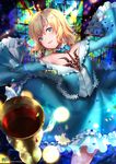  absurdres blonde_hair blue_dress blue_eyes commentary cup dress drinking_glass fate/labyrinth fate/prototype fate/prototype:_fragments_of_blue_and_silver fate_(series) highres kyjsogom looking_at_viewer sajou_manaka short_hair smile solo tattoo wine_glass 