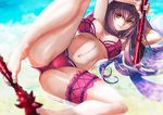  arms_behind_head bikini fate/grand_order fate_(series) gae_bolg highres leg_garter long_hair looking_at_viewer lying on_side partially_submerged pink_bikini purple_hair red_eyes scathach_(fate)_(all) scathach_(swimsuit_assassin)_(fate) solo spread_legs srsojiro swimsuit thigh_strap water 