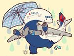  2017 3_toes aircraft airplane ambiguous_gender better_version_at_source cute delta_airlines english_text feral_aircraft hi_res holding_object holding_umbrella igriega jet living_aircraft living_machine looking_at_viewer machine not_furry on_one_leg raining signature simple_background smile soles solo splash standing text toes umbrella yellow_background 