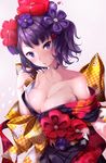  bangs bare_shoulders blue_eyes blush breasts cleavage collarbone commentary_request fate/grand_order fate_(series) flower hair_flower hair_ornament hairpin highres japanese_clothes katsushika_hokusai_(fate/grand_order) kimono large_breasts looking_at_viewer nironiro obi off_shoulder purple_hair sash short_hair solo 