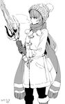  alternate_costume beatrix_(granblue_fantasy) boots breath commentary dated gloves granblue_fantasy greyscale hat jacket long_hair monochrome motitoy scarf solo sword weapon white_background 