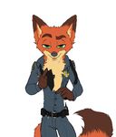  4_fingers absurd_res anthro badge bedroom_eyes belt black_fur canine chest_tuft claws clothed clothing dipstick_tail disney fox fur gloves_(marking) green_eyes half-closed_eyes hi_res inner_ear_fluff looking_at_viewer male mammal markings multicolored_tail necktie nick_wilde orange_fur police_uniform progressoftomorrow radio seductive simple_background solo tongue tongue_out tuft undressing uniform white_background zootopia 
