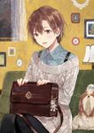  :d bag bag_on_lap black_legwear blue_shirt blush brown_eyes brown_hair collared_shirt commentary_request couch curtains dog dress feet_out_of_frame fingernails grey_sweater hair_between_eyes handbag highres horiizumi_inko indoors lamp layered_clothing legs_together looking_at_viewer nail_polish open_mouth original pantyhose paw_print portrait_(object) red_nails ribbed_sweater shih_tzu shirt short_hair sitting smile solo suspenders sweater sweater_dress window wing_collar 