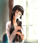  alternate_hairstyle black_hair breasts brown_eyes chair commentary_request curtains dress graphite_(medium) hair_brush hair_brushing hair_down head_tilt highres kantai_collection kauchoro_(namikazemakase) large_breasts long_hair myoukou_(kantai_collection) short_eyebrows sitting solo traditional_media window 
