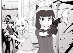  2girls abubu animal_ears bow bowtie common_raccoon_(kemono_friends) eyebrows_visible_through_hair fangs fennec_(kemono_friends) firing fox_ears fox_tail fur_collar gloves greyscale gun holding holding_weapon kemono_friends looking_at_another monochrome multicolored_hair multiple_girls open_mouth parted_lips pleated_skirt puffy_short_sleeves puffy_sleeves raccoon_ears short_hair short_sleeves shotgun skirt smoke smoking_gun standing sweater tail tears two-handed weapon zombie 