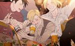  alcohol alphonse_elric beer black_hair blonde_hair blush bottle brothers closed_eyes drinking edward_elric elbows_on_table eyebrows_visible_through_hair food fullmetal_alchemist glass grey_shirt happy ling_yao long_sleeves male_focus multiple_boys open_mouth p0ckylo party ponytail shirt short_hair siblings smile sunlight sweatdrop waistcoat white_shirt 