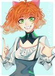  1girl android bare_shoulders bow breasts curly_hair freckles green_eyes green_skirt hair_bow lipstick orange_hair penny_(rwby) penny_polendina pink_bow rwby skirt smile solo 