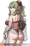 ass back bikini breasts chiki fire_emblem fire_emblem:_kakusei fire_emblem:_monshou_no_nazo fire_emblem_heroes food forehead_jewel fruit green_eyes green_hair hair_ribbon highres large_breasts long_hair looking_at_viewer looking_back mamkute maniacpaint older pointy_ears red_bikini ribbon see-through shawl smile solo swimsuit thong_bikini watermark watermelon web_address white_background 