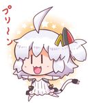  :3 :d ahoge azur_lane blush chibi dress fang full_body gloves grey_hair hair_ornament long_hair noai_nioshi one_side_up open_mouth outstretched_arms plug running smile solid_oval_eyes solo star starry_background strapless strapless_dress tail thighhighs translated universal_bullin_(azur_lane) white_dress white_gloves white_legwear 