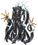  absurdly_long_hair arms_up black_bodysuit black_hair bodysuit breasts cable eyebrows_visible_through_hair full_body gen_7_pokemon grey_eyes highres katagiri_hachigou long_hair looking_at_viewer medium_breasts one_eye_closed pale_skin parted_lips personification pokemon science_fiction simple_background solo standing ultra_beast very_long_hair white_background white_eyes wire xurkitree 