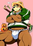  2018 anthro bear bearlovestiger13 blush bulge clothed clothing eyewear food fruit fundoshi glasses hat japanese_clothing male mammal overweight overweight_male pink_background pumpkin simple_background solo straw_hat tokyo_afterschool_summoners underwear volos 