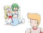  1boy 2girls :d armor arms_behind_back bangs bare_shoulders blonde_hair blood blood_from_mouth bloody_clothes blue_eyes blush bound bound_arms breasts cleavage closed_eyes closed_mouth collarbone comic crown detached_sleeves dress eyebrows_visible_through_hair green_hair greenteaneko groin hair_between_eyes hand_on_hip head_fins highres jewelry large_breasts light_brown_hair long_hair long_sleeves medium_breasts mermaid mini_crown monster_girl multiple_girls navel necklace open_mouth original pantyhose pearl_necklace pendant regeneration scales sharp_teeth silent_comic slashing smile sparkle spoken_object strapless strapless_dress sweat teeth tied_up turn_pale v-shaped_eyebrows very_long_hair white_background white_dress white_legwear |_| 