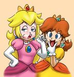  2girls blonde_hair blue_eyes brown_hair crown dress looking_at_viewer mario multiple_girls princess_daisy princess_peach sexually_suggestive tongue_between_fingers 