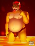  2019 5_fingers abs anthro belly big_belly bowser bulge claws clothed clothing digital_media_(artwork) english_text hair horn koopa lava looking_at_viewer male mario_bros musclegut muscular muscular_male nintendo nipples nude open_mouth overweight overweight_male pose red_hair reptile scales scalie simple_background smile solo speedo standing swimsuit teeth text timidwithapen tongue topless video_games yellow_scales 