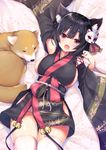  :d animal animal_ears armpits ayuma_sayu azur_lane bangs bed_sheet bell black_hair black_kimono breasts cat_ears check_commentary commentary_request dog eyebrows_visible_through_hair fang fox_mask hair_between_eyes japanese_clothes jingle_bell kimono large_breasts long_sleeves looking_at_viewer lying mask mask_on_head on_back open_mouth petals red_eyes shiba_inu short_kimono sideboob smile solo thighhighs white_legwear wide_sleeves yamashiro_(azur_lane) 